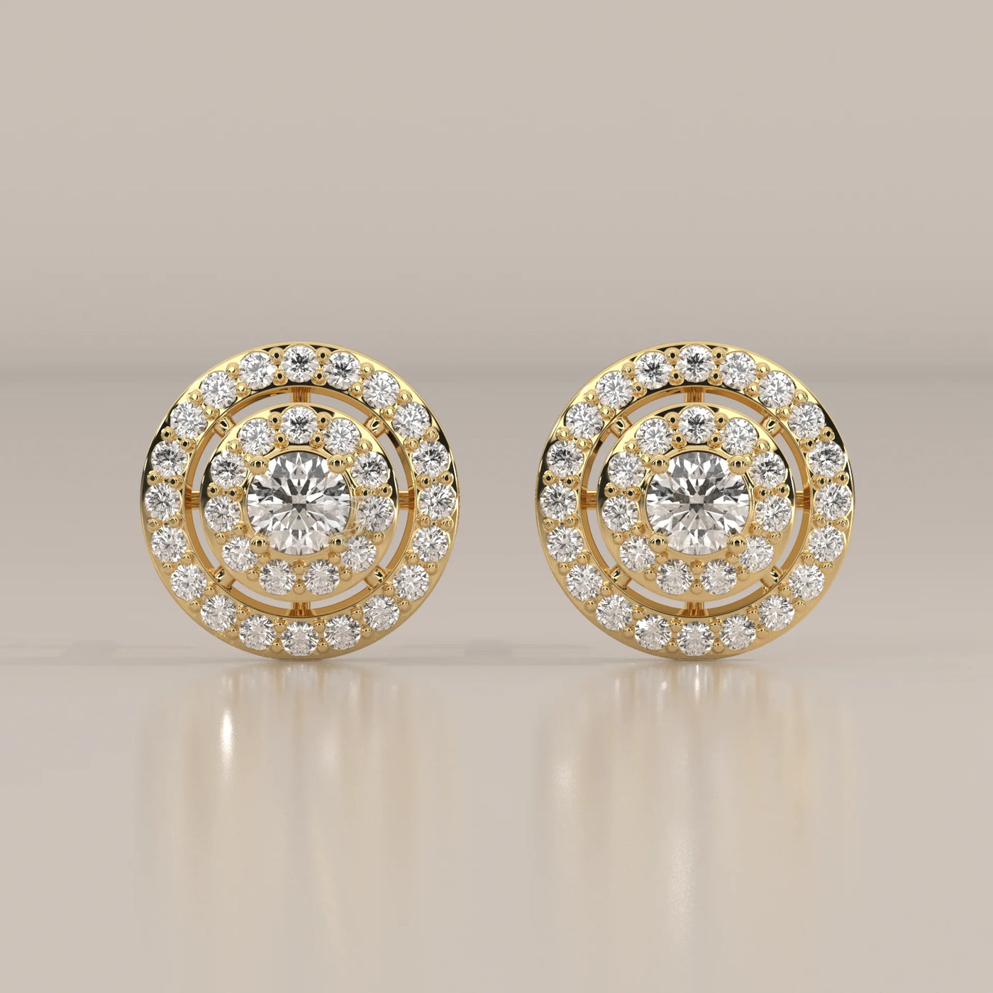 Front View: Round Diamond Stud Earrings with Double Halo Setting in Yellow Gold – Lab Grown – Driona Jewels