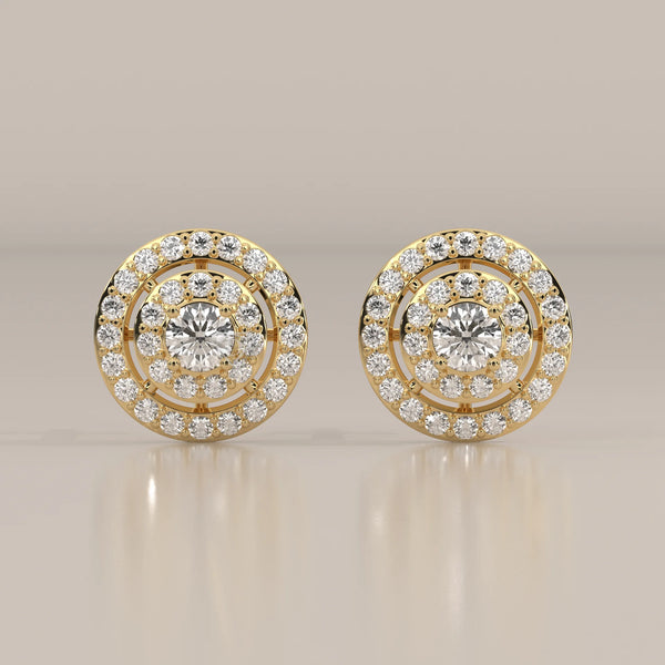 Front View: Round Diamond Stud Earrings with Double Halo Setting in Yellow Gold – Lab Grown – Driona Jewels