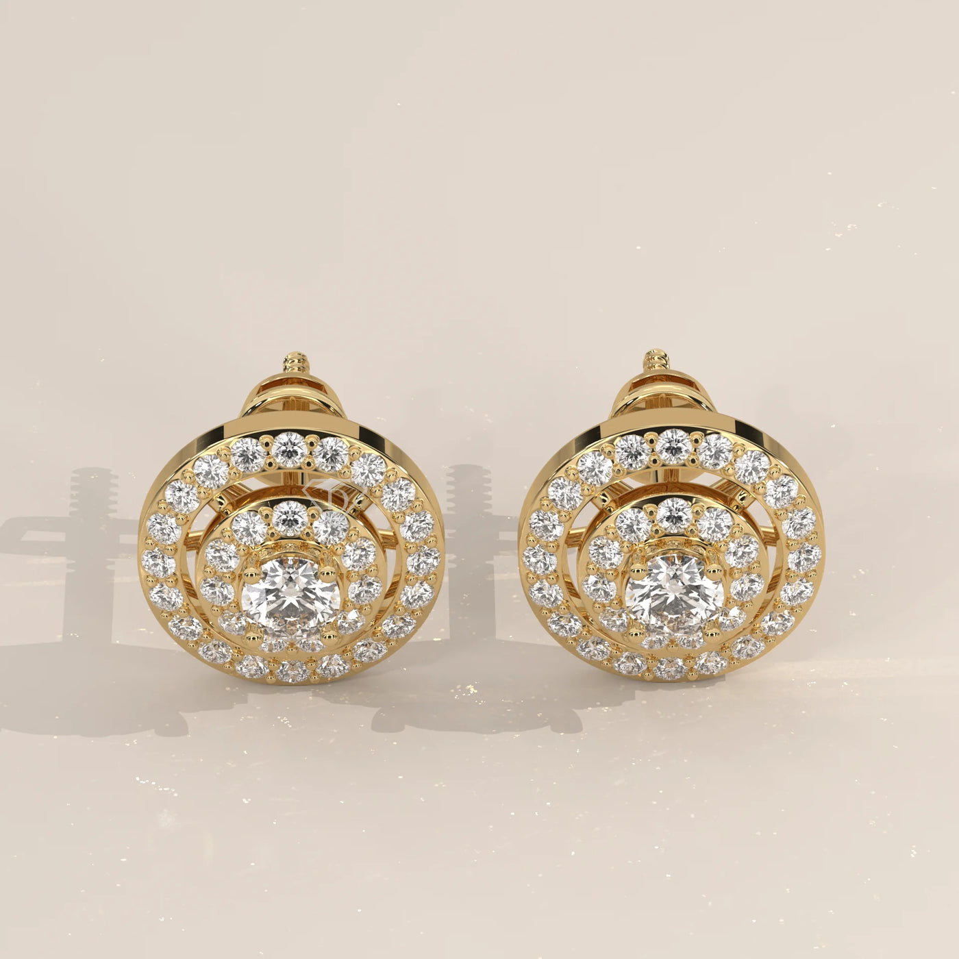 Pair Front View: Round Diamond Stud Earrings with Double Halo Setting in Yellow Gold – Lab Grown – Driona Jewels