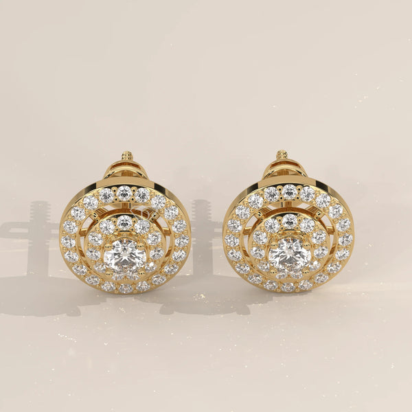 Pair Front View: Round Diamond Stud Earrings with Double Halo Setting in Yellow Gold – Lab Grown – Driona Jewels