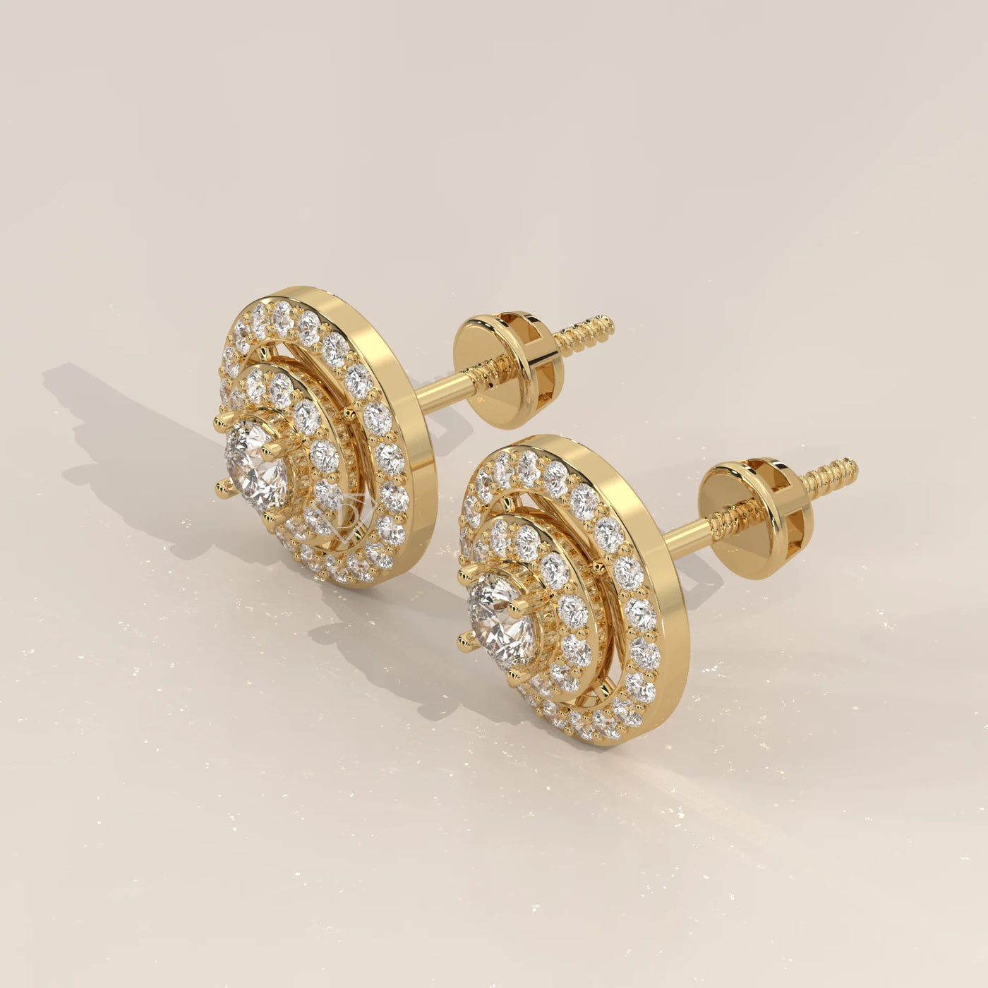 Three-Quarter View: Round Diamond Stud Earrings with Double Halo Setting in Yellow Gold – Lab Grown – Driona Jewels