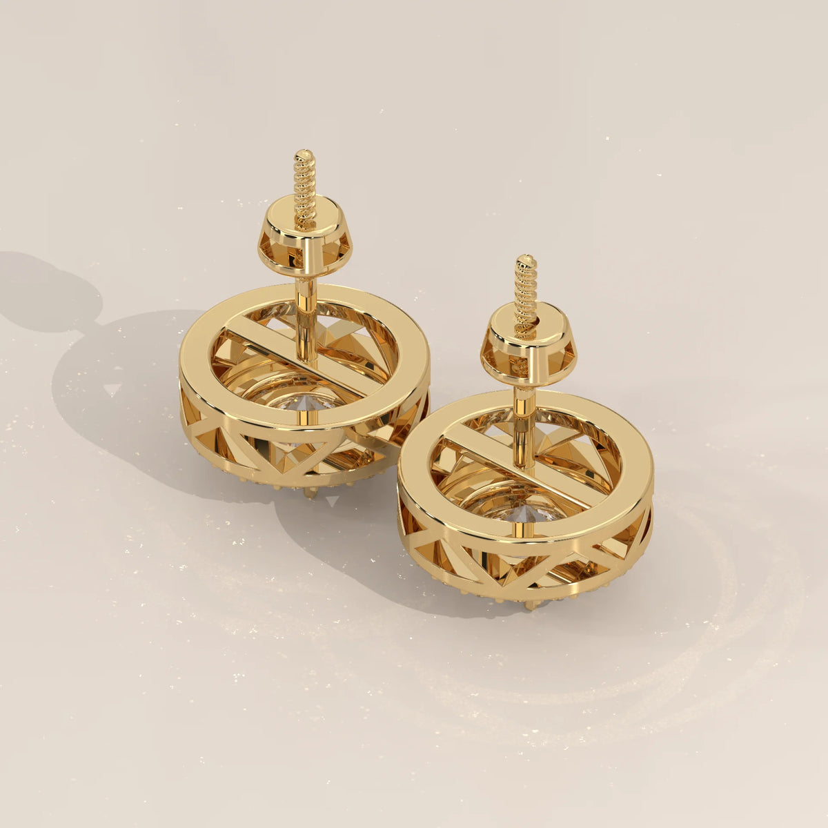 Round Double Halo Lab Grown Diamond Studs with Lattice Gallery in yellow gold, shown on a plain background.