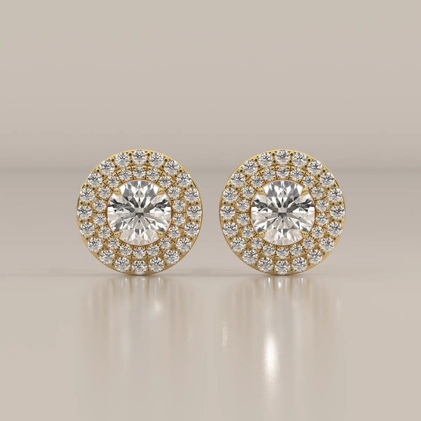 Round Double Halo Lab Grown Diamond Studs with Lattice Gallery in yellow gold, shown from the front.