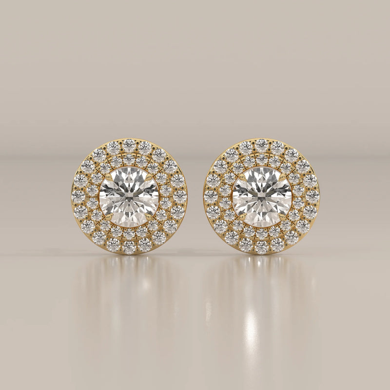 Round Double Halo Lab Grown Diamond Studs with Lattice Gallery in yellow gold, shown from the front.