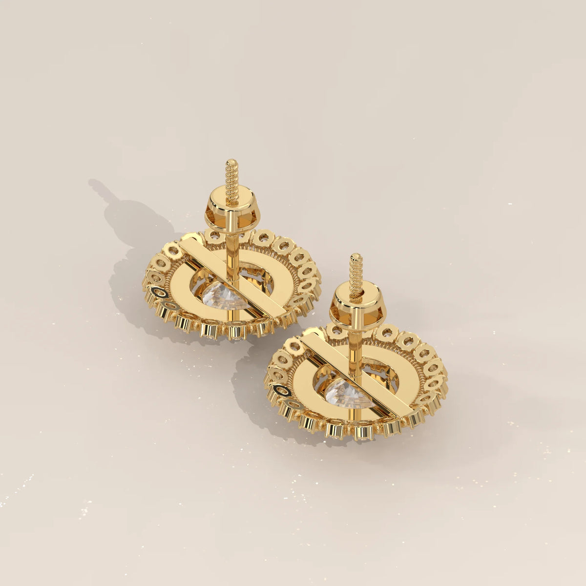 Round Double Halo Lab Grown Diamond Studs with Milgrain Divider in yellow gold, product photograph on a plain background.