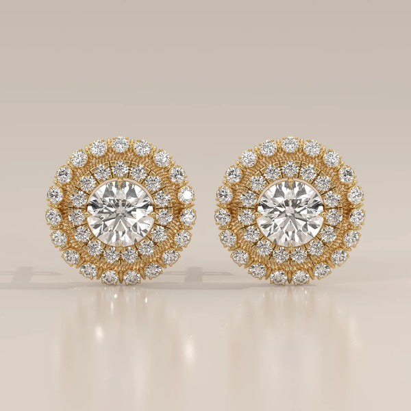 Round Double Halo Lab Grown Diamond Studs with Milgrain Divider in yellow gold, shown from the front.