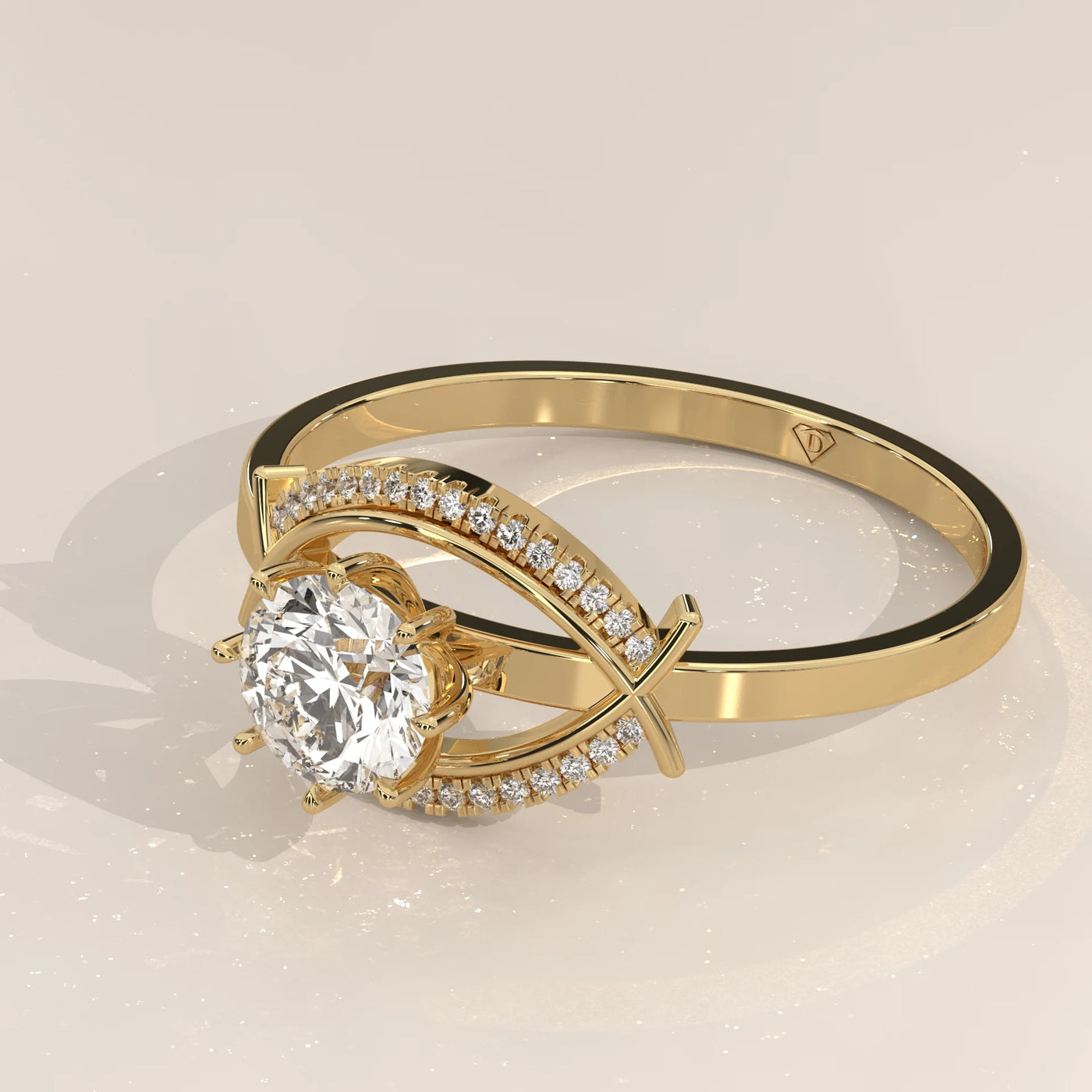 Angle View: Round Diamond Engagement Ring with Halo Setting in Yellow Gold – Lab Grown – Driona Jewels