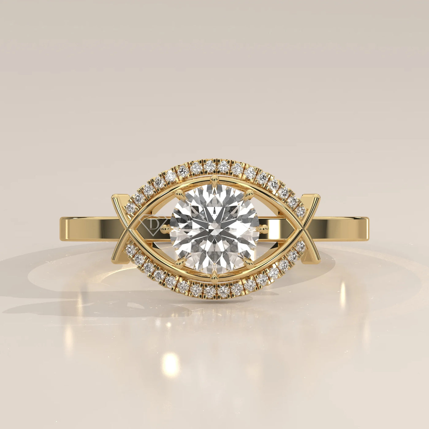 Side Profile: Round Diamond Engagement Ring with Halo Setting in Yellow Gold – Lab Grown – Driona Jewels