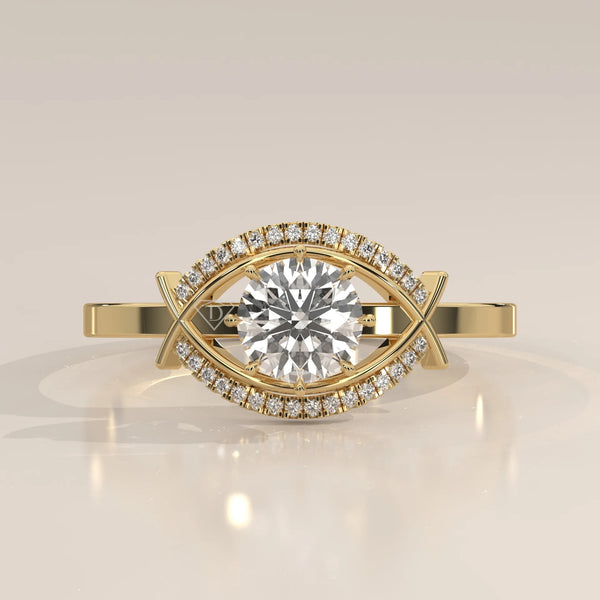 Side Profile: Round Diamond Engagement Ring with Halo Setting in Yellow Gold – Lab Grown – Driona Jewels
