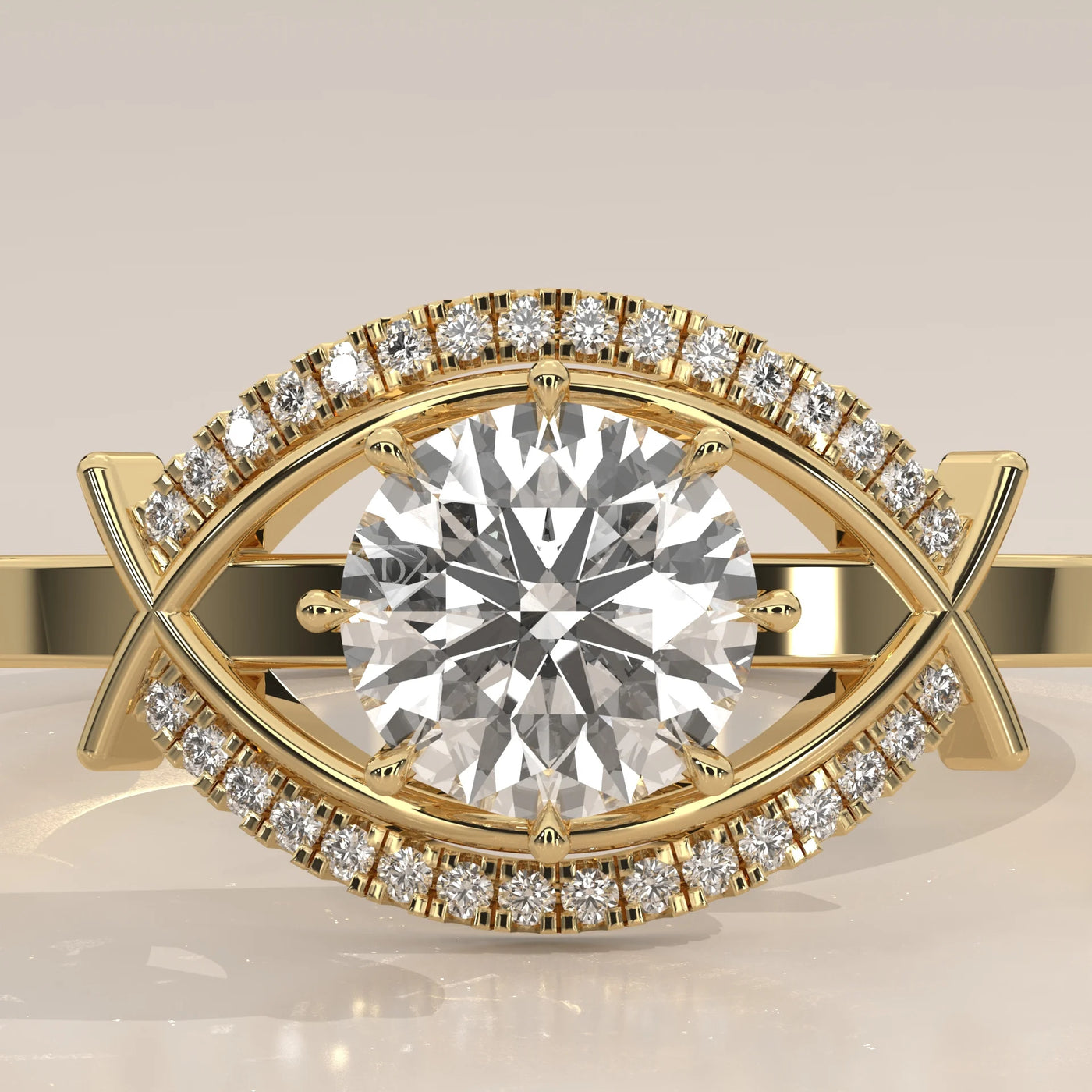 Stone Detail: Round Lab Grown Diamonds in Halo Setting – Yellow Gold – Driona Jewels