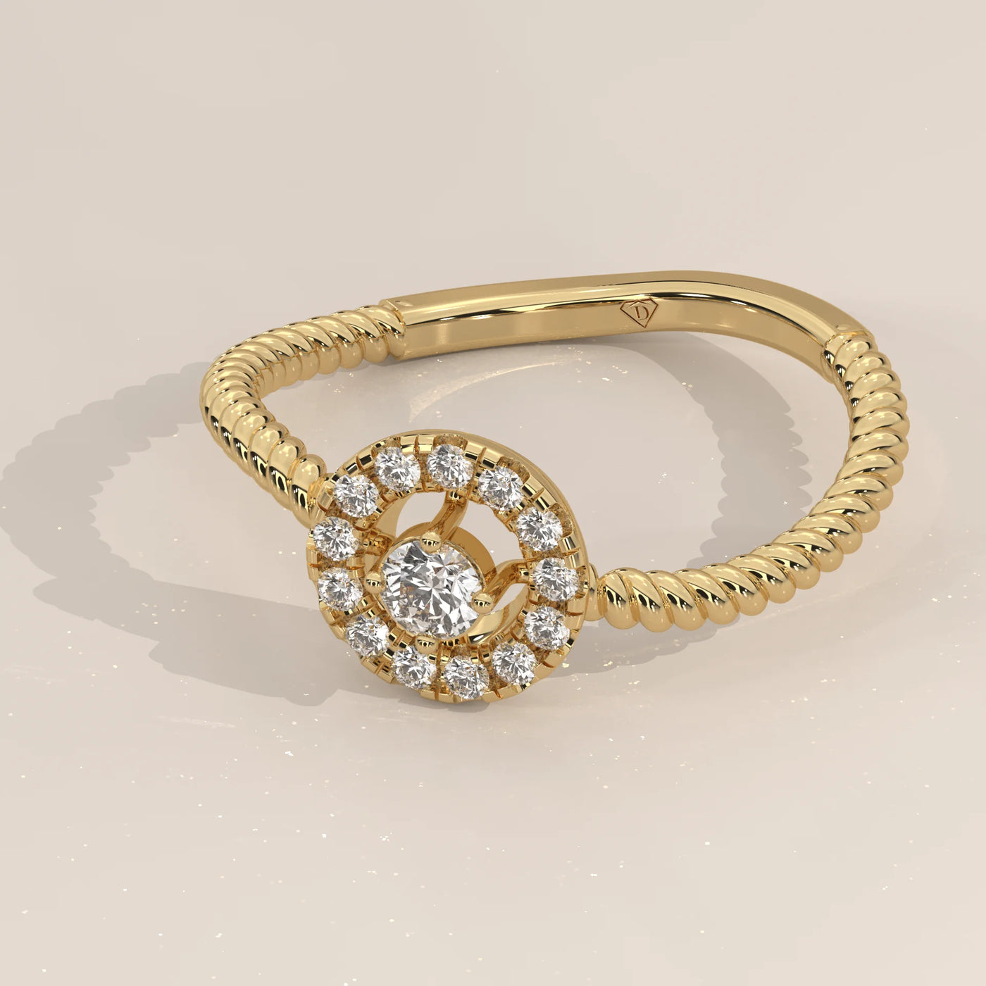 Angle View: Round Diamond Ring with Halo Setting in Yellow Gold – Lab Grown – Driona Jewels