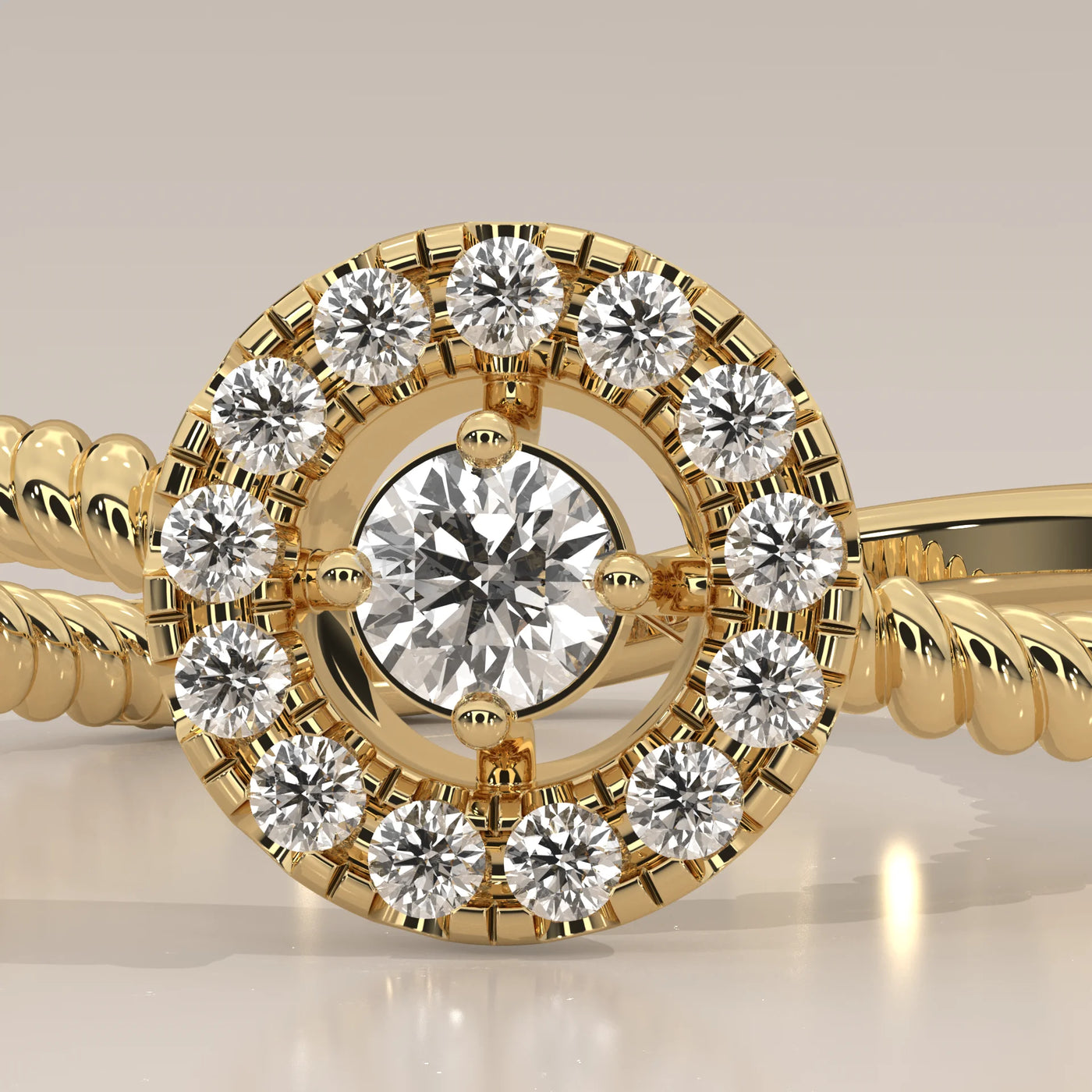 Stone Detail: Round Lab Grown Diamonds in Halo Setting – Yellow Gold – Driona Jewels