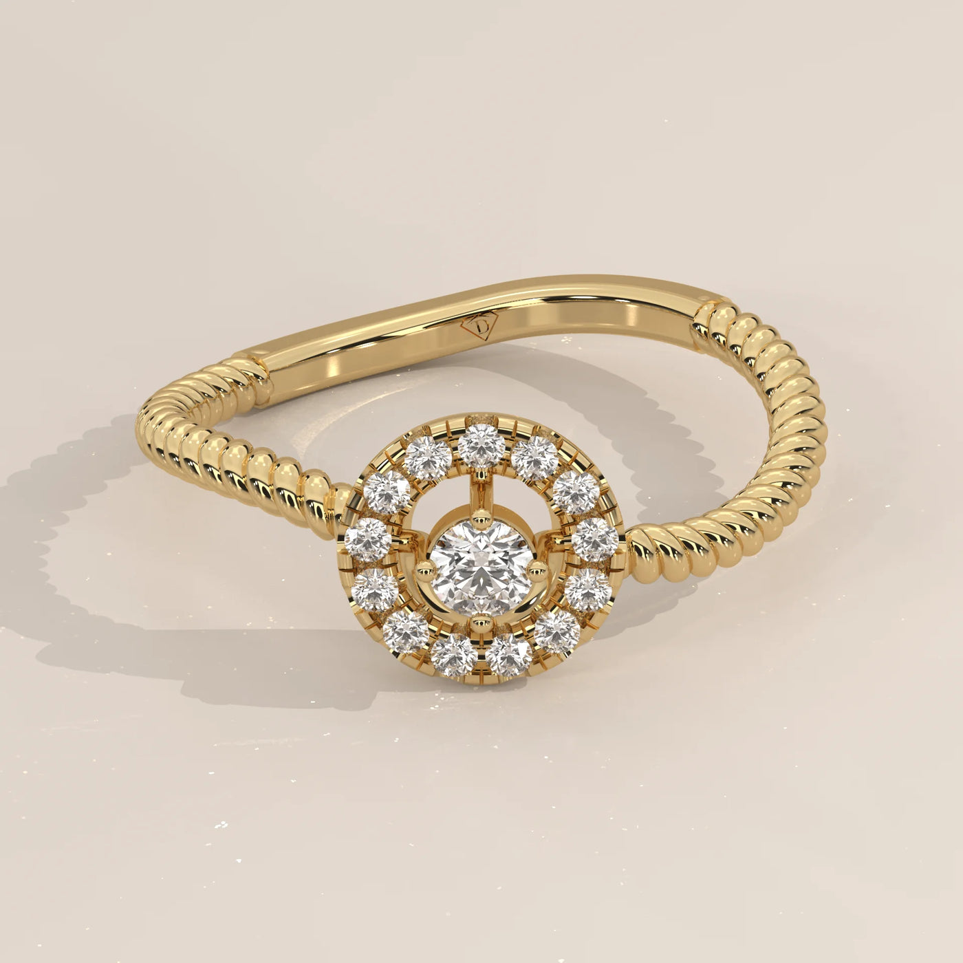 Three-Quarter View: Round Diamond Ring with Halo Setting in Yellow Gold – Lab Grown – Driona Jewels