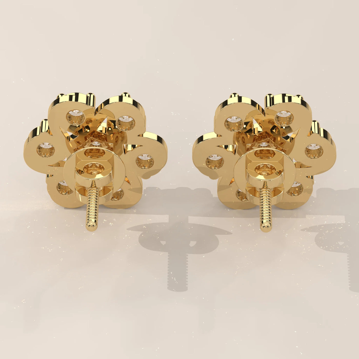 Back View: Round Diamond Stud Earrings with Cluster Setting in Yellow Gold – Lab Grown – Driona Jewels