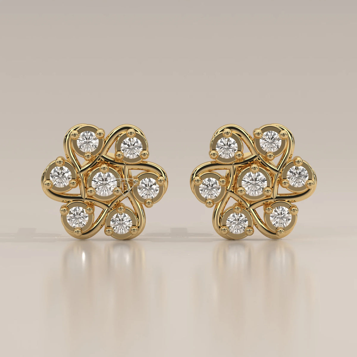 Front View: Round Diamond Stud Earrings with Cluster Setting in Yellow Gold – Lab Grown – Driona Jewels