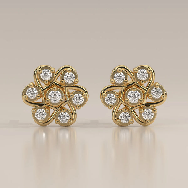 Front View: Round Diamond Stud Earrings with Cluster Setting in Yellow Gold – Lab Grown – Driona Jewels