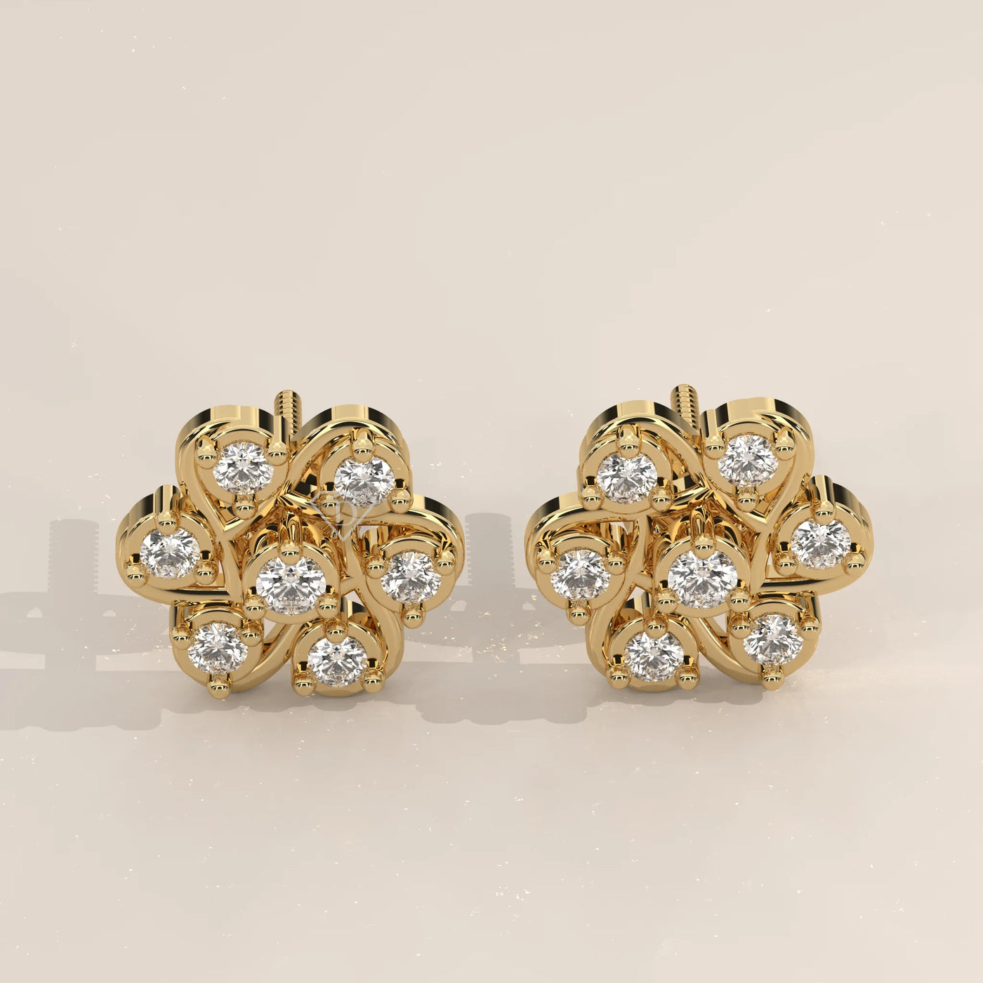 Pair Front View: Round Diamond Stud Earrings with Cluster Setting in Yellow Gold – Lab Grown – Driona Jewels