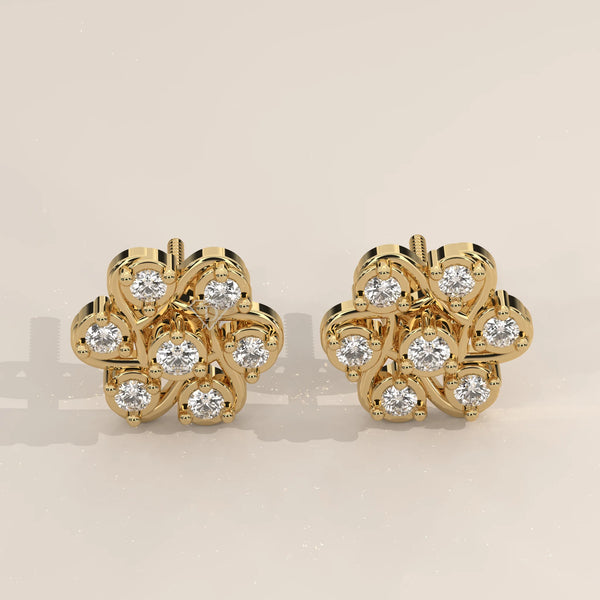 Pair Front View: Round Diamond Stud Earrings with Cluster Setting in Yellow Gold – Lab Grown – Driona Jewels