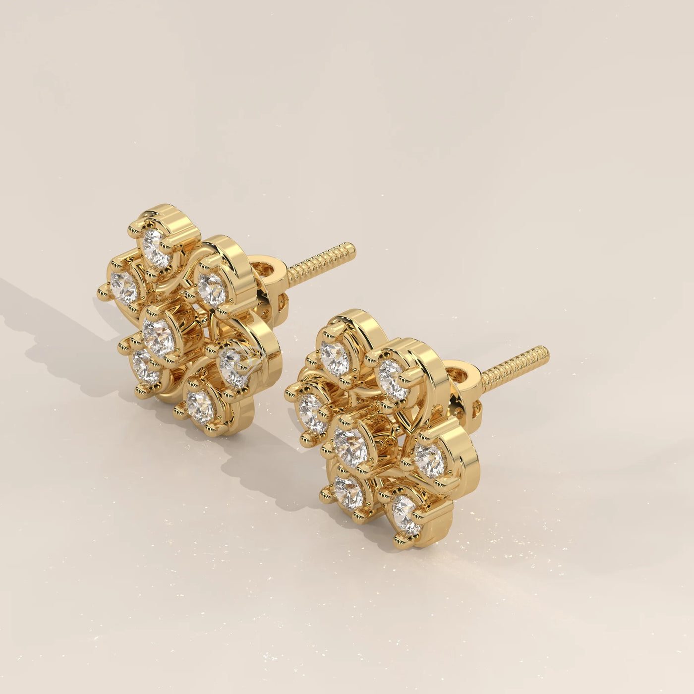 Three-Quarter View: Round Diamond Stud Earrings with Cluster Setting in Yellow Gold – Lab Grown – Driona Jewels