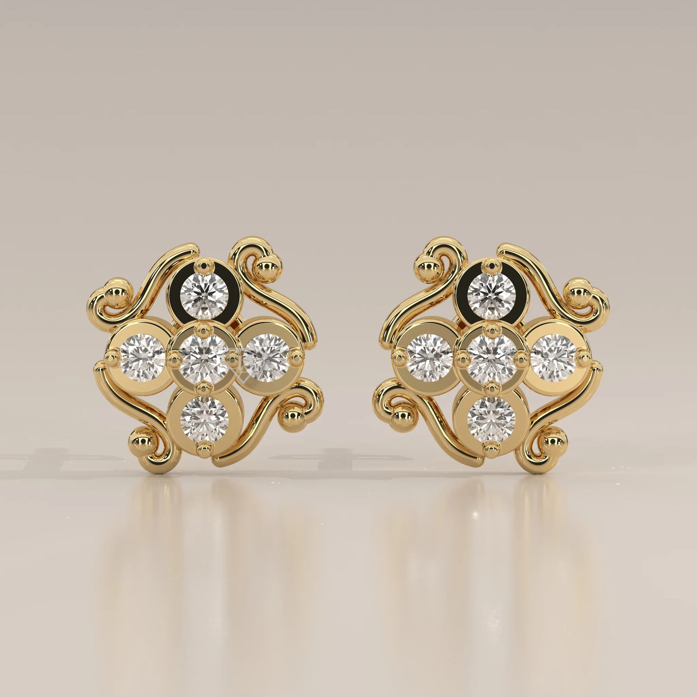 Front View: Round Diamond Stud Earrings with Cluster Setting in Yellow Gold – Lab Grown – Driona Jewels