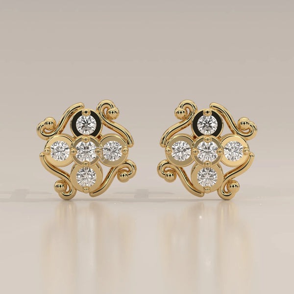 Front View: Round Diamond Stud Earrings with Cluster Setting in Yellow Gold – Lab Grown – Driona Jewels