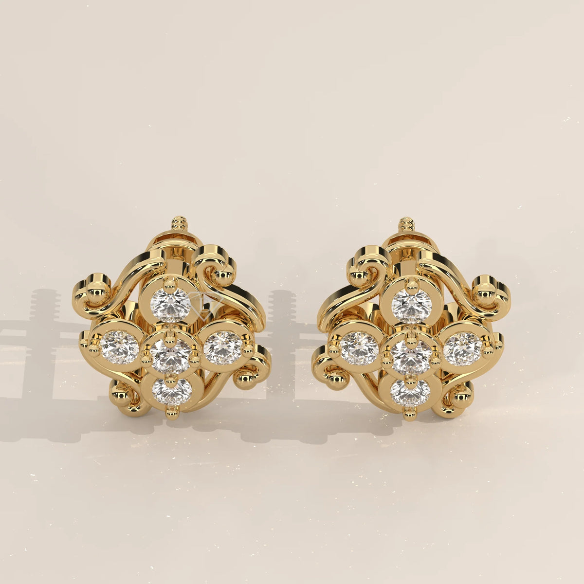 Pair Front View: Round Diamond Stud Earrings with Cluster Setting in Yellow Gold – Lab Grown – Driona Jewels