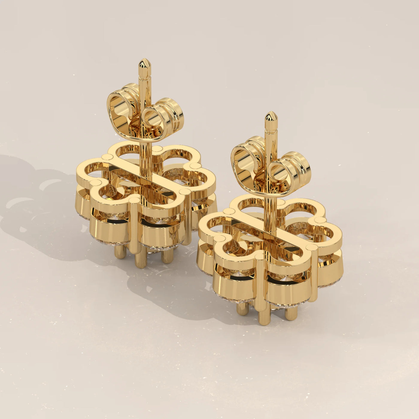Angle View: Round Diamond Stud Earrings with Cluster Setting in Yellow Gold – Lab Grown – Driona Jewels