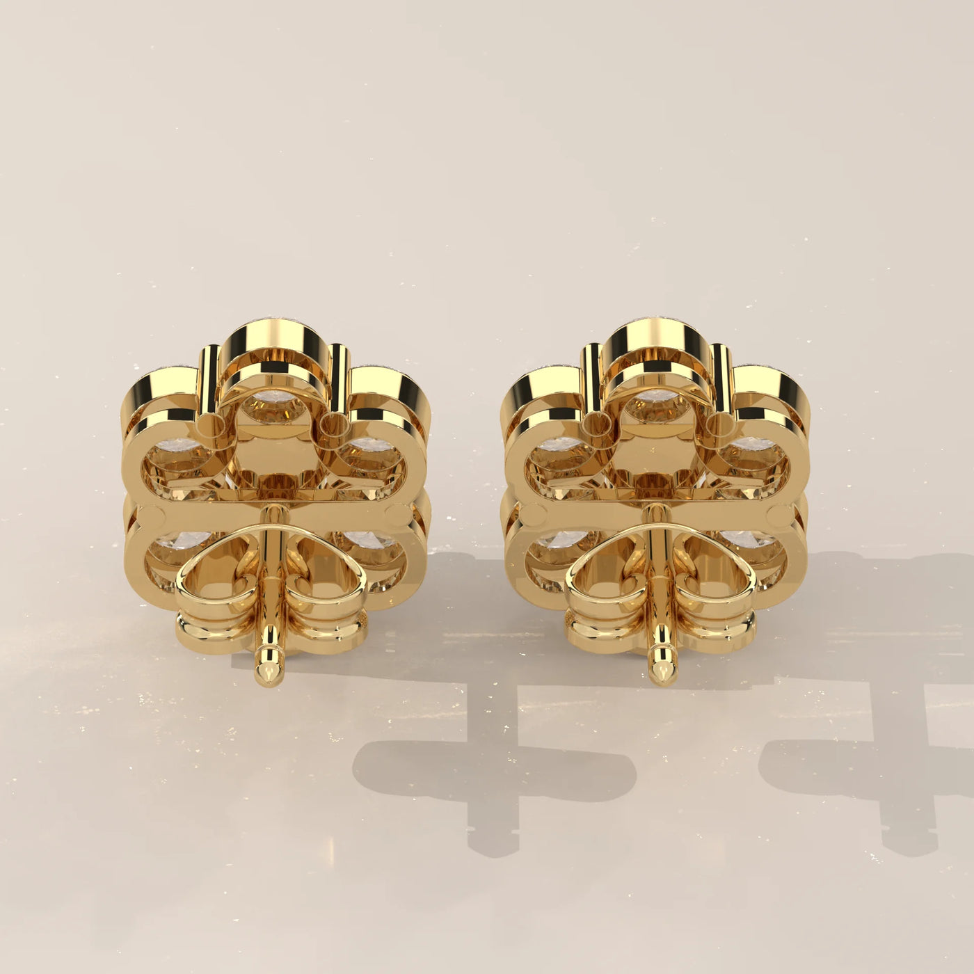 Back View: Round Diamond Stud Earrings with Cluster Setting in Yellow Gold – Lab Grown – Driona Jewels