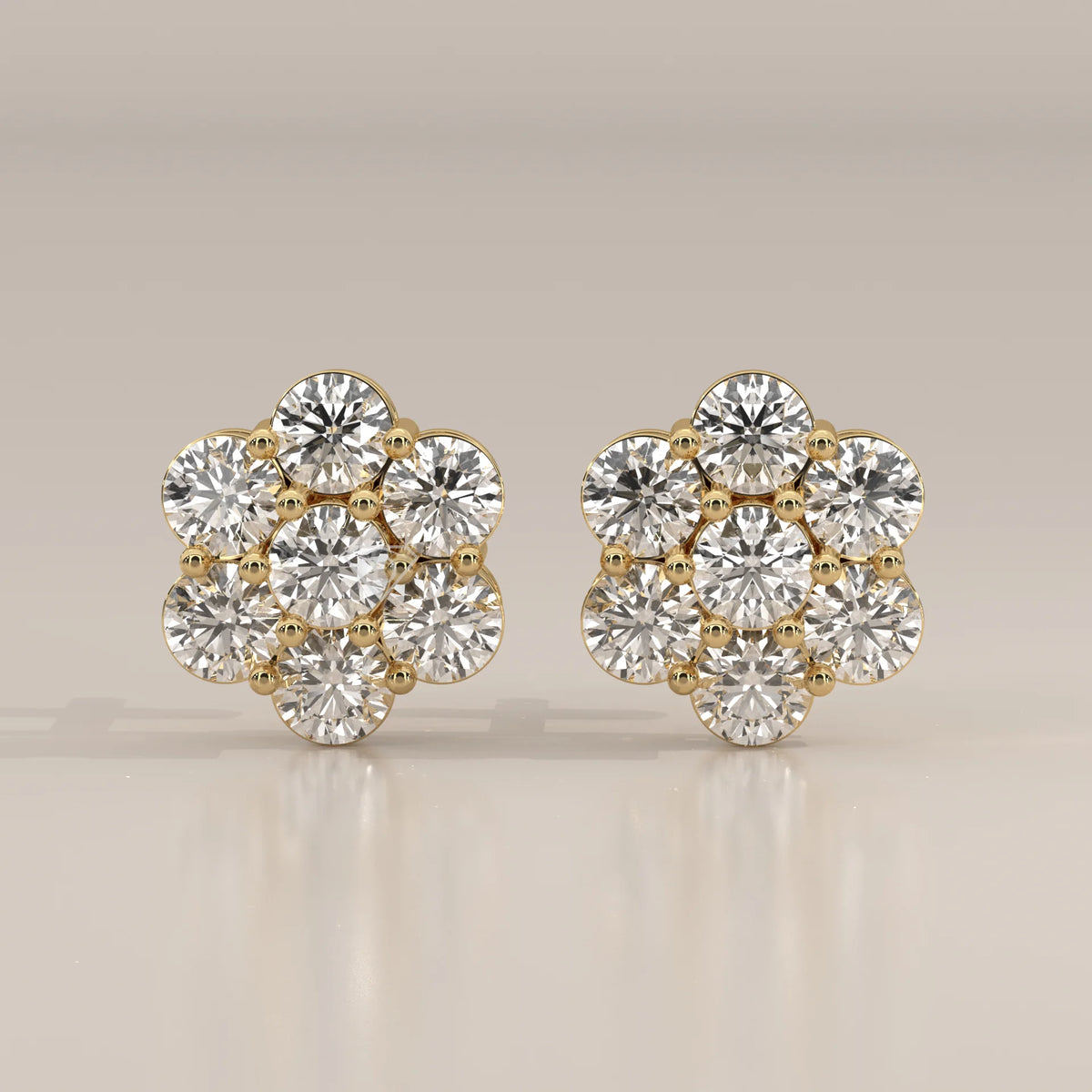 Front View: Round Diamond Stud Earrings with Cluster Setting in Yellow Gold – Lab Grown – Driona Jewels