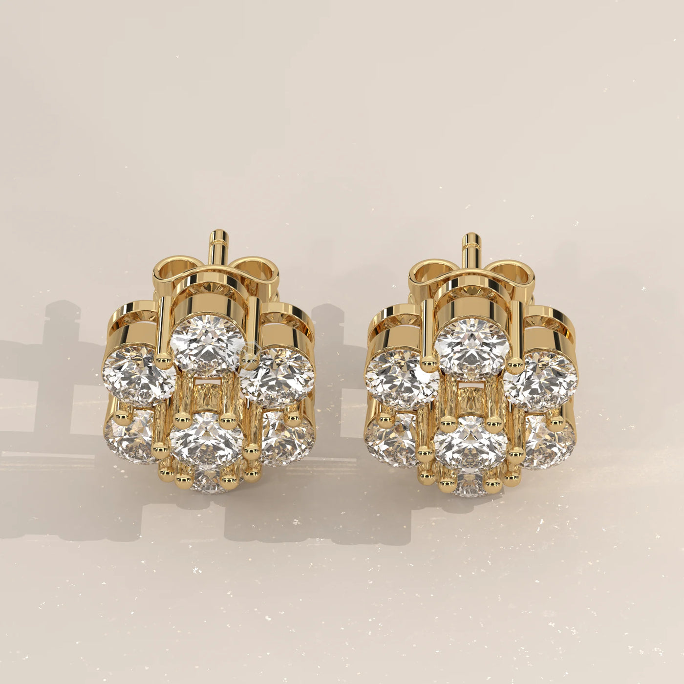 Pair Front View: Round Diamond Stud Earrings with Cluster Setting in Yellow Gold – Lab Grown – Driona Jewels
