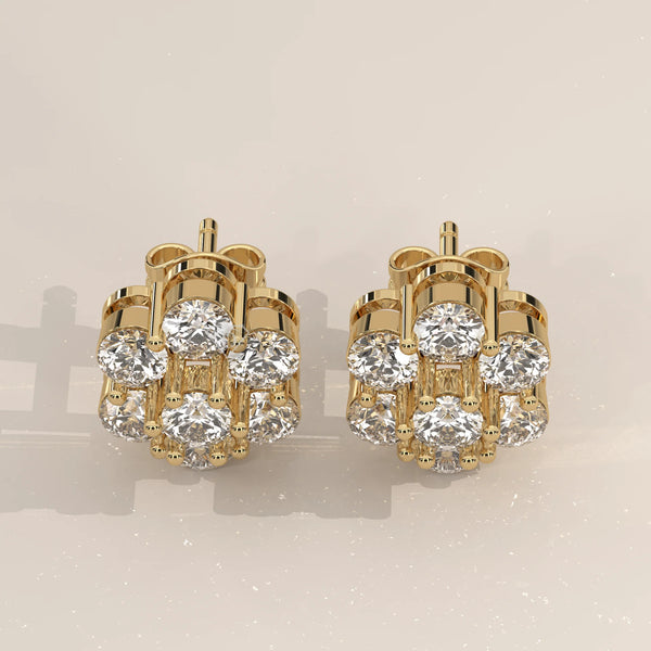 Pair Front View: Round Diamond Stud Earrings with Cluster Setting in Yellow Gold – Lab Grown – Driona Jewels