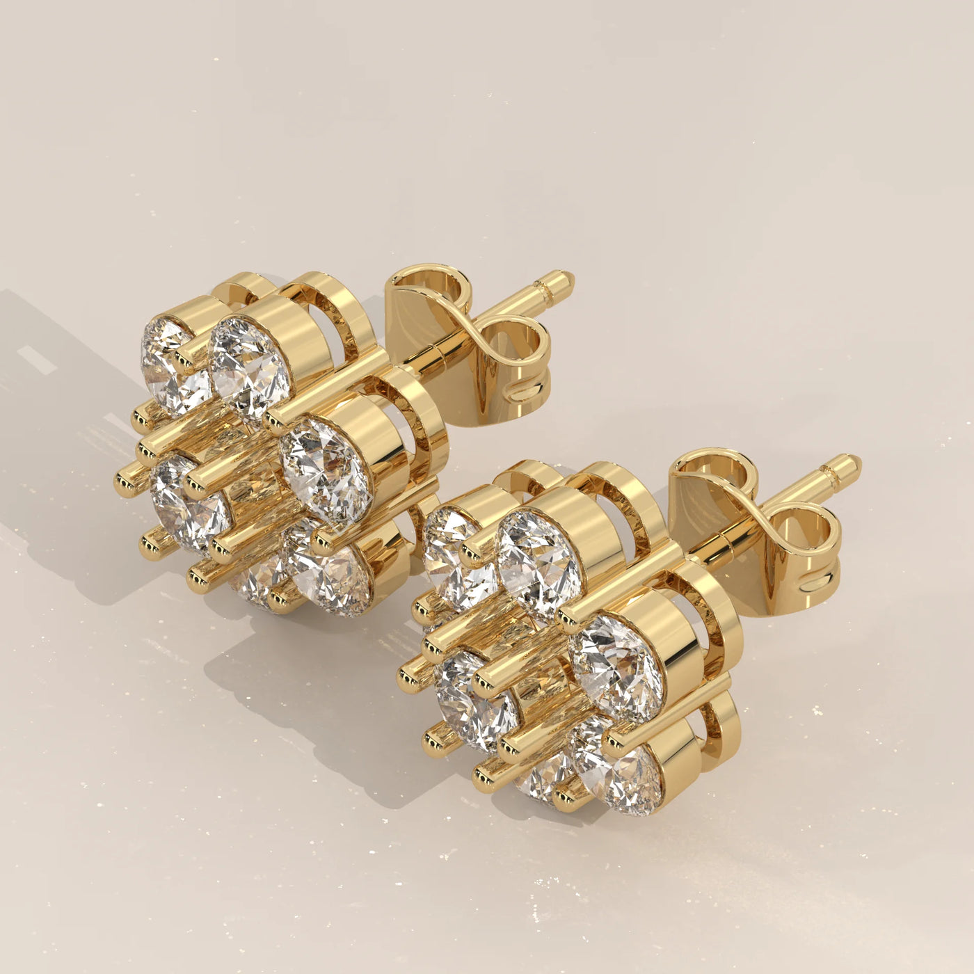 Three-Quarter View: Round Diamond Stud Earrings with Cluster Setting in Yellow Gold – Lab Grown – Driona Jewels