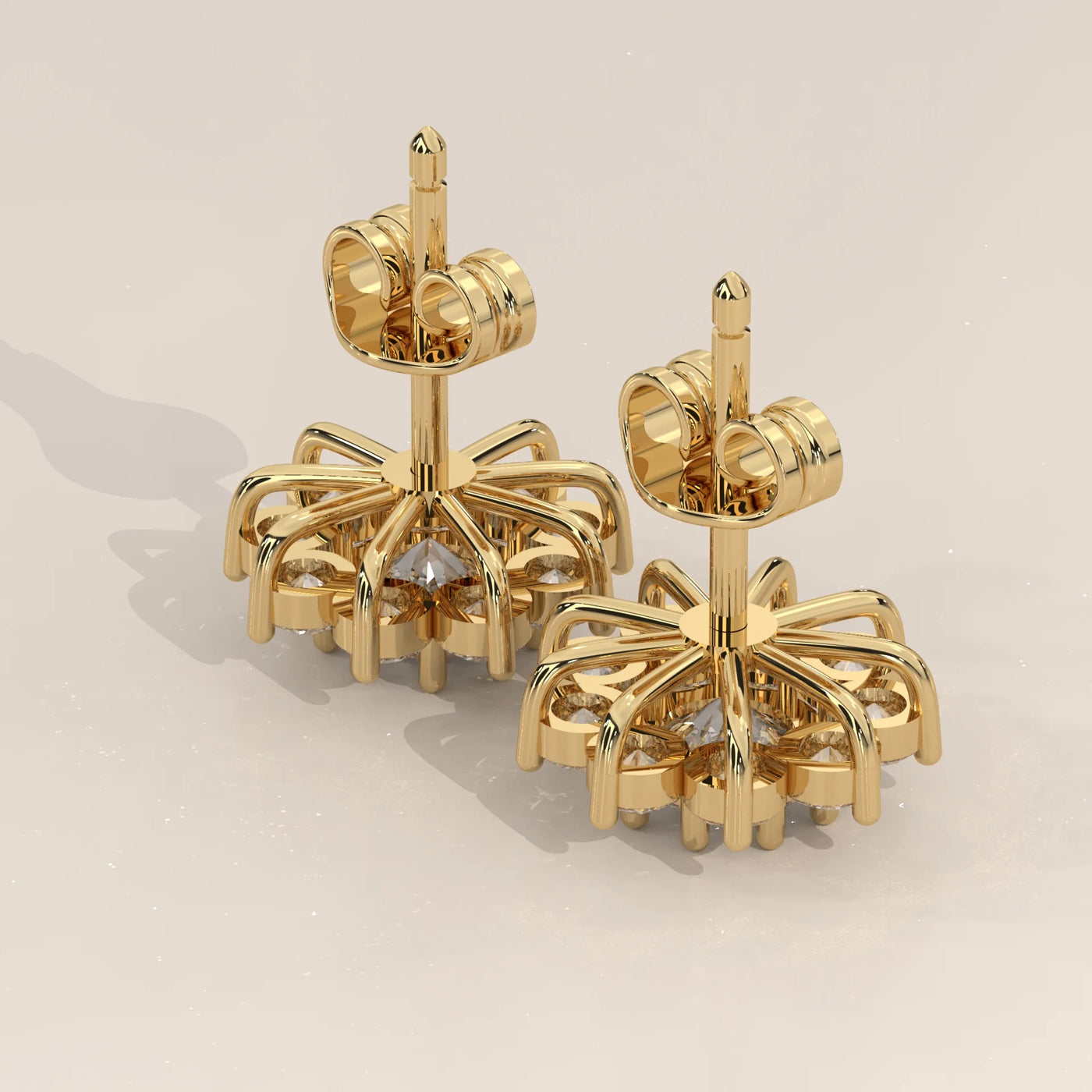 Angle View: Round Diamond Stud Earrings with Cluster Setting in Yellow Gold – Lab Grown – Driona Jewels
