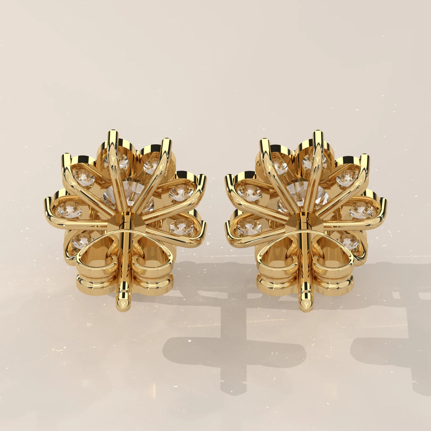 Back View: Round Diamond Stud Earrings with Cluster Setting in Yellow Gold – Lab Grown – Driona Jewels