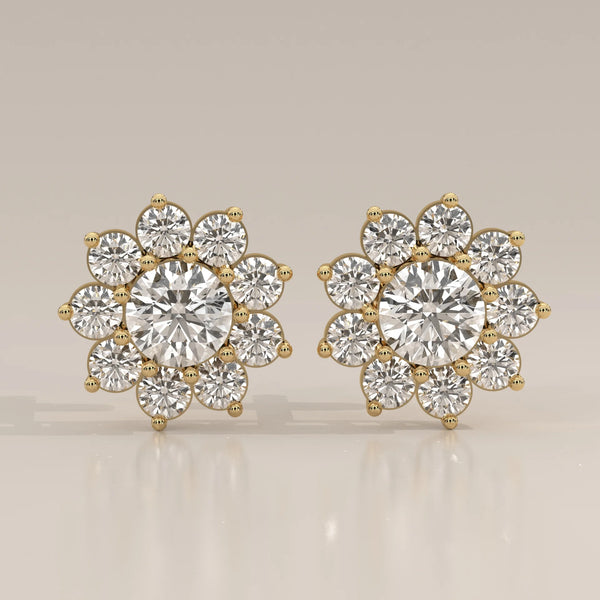 Front View: Round Diamond Stud Earrings with Cluster Setting in Yellow Gold – Lab Grown – Driona Jewels