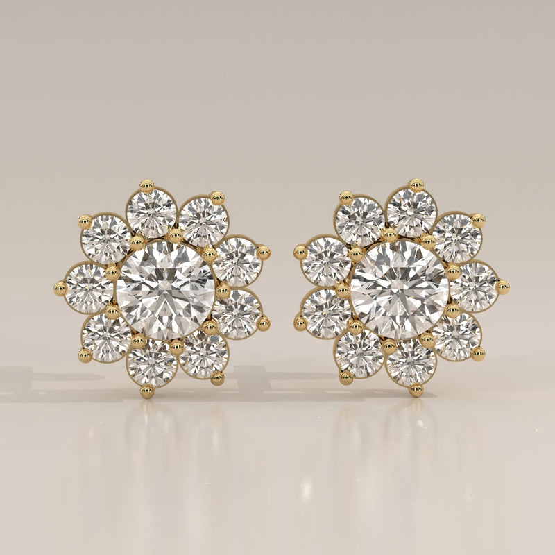Front View: Round Diamond Stud Earrings with Cluster Setting in Yellow Gold – Lab Grown – Driona Jewels