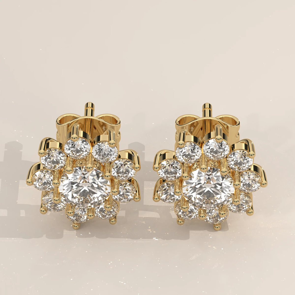 Pair Front View: Round Diamond Stud Earrings with Cluster Setting in Yellow Gold – Lab Grown – Driona Jewels