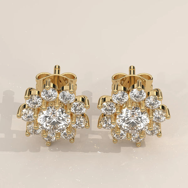 Pair Front View: Round Diamond Stud Earrings with Cluster Setting in Yellow Gold – Lab Grown – Driona Jewels