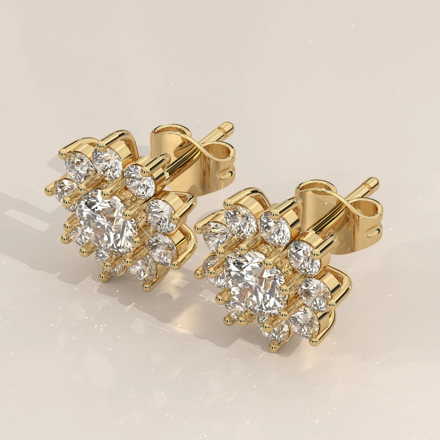 Three-Quarter View: Round Diamond Stud Earrings with Cluster Setting in Yellow Gold – Lab Grown – Driona Jewels