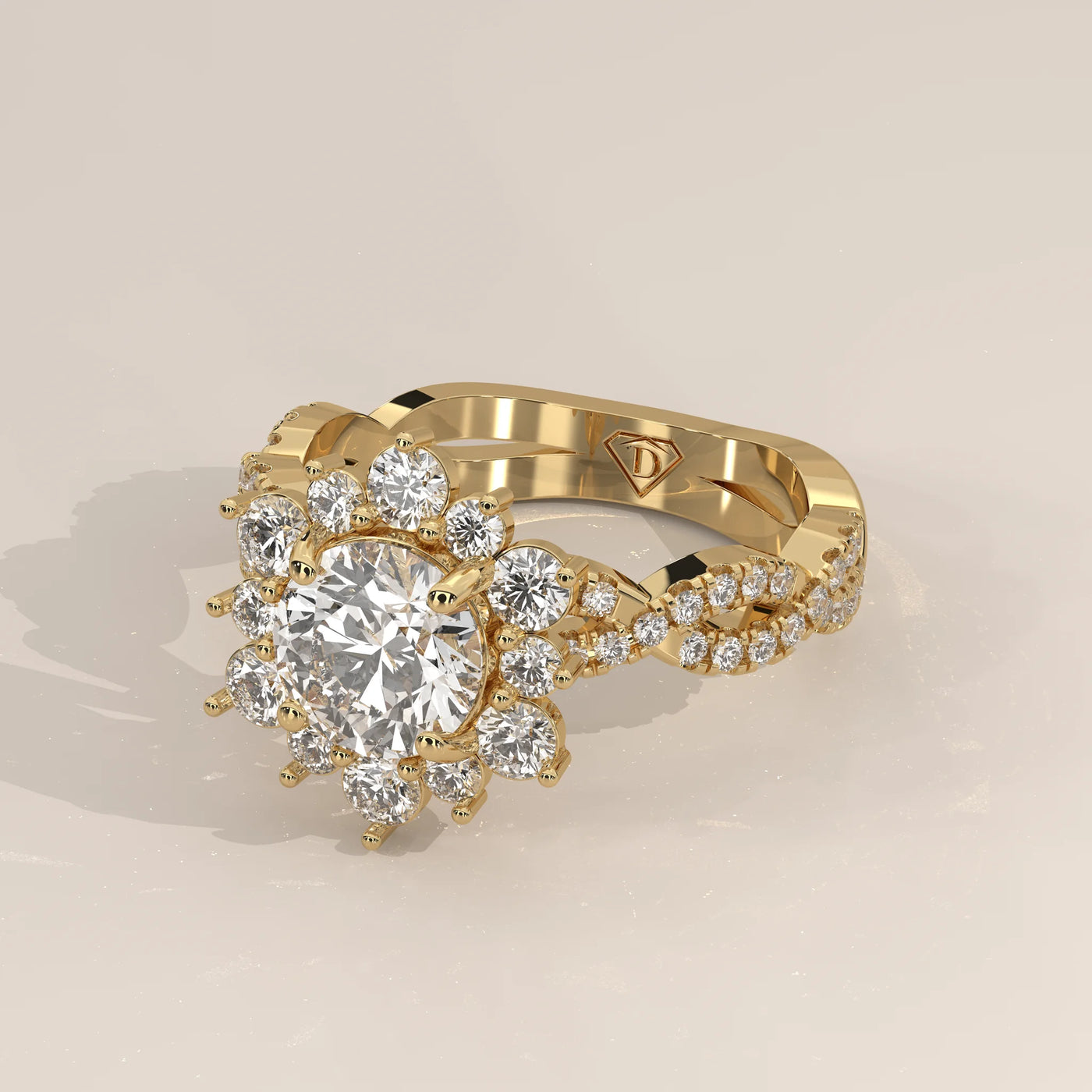 Angle View: Round Diamond Engagement Ring with Halo Setting in Yellow Gold – Lab Grown – Driona Jewels