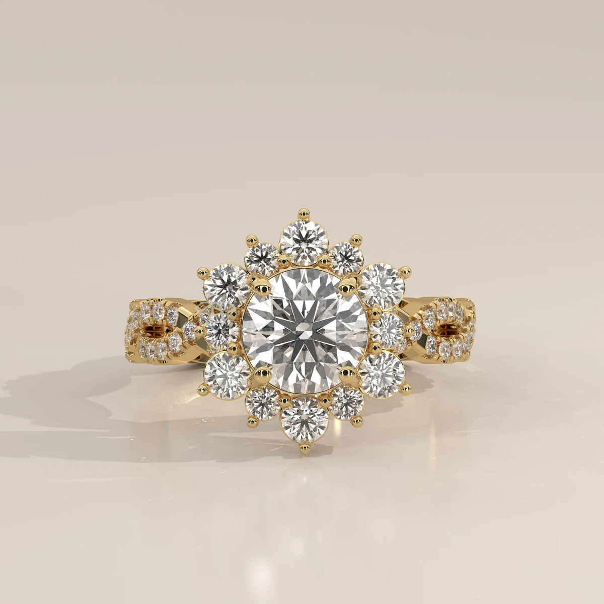 Side Profile: Round Diamond Engagement Ring with Halo Setting in Yellow Gold – Lab Grown – Driona Jewels