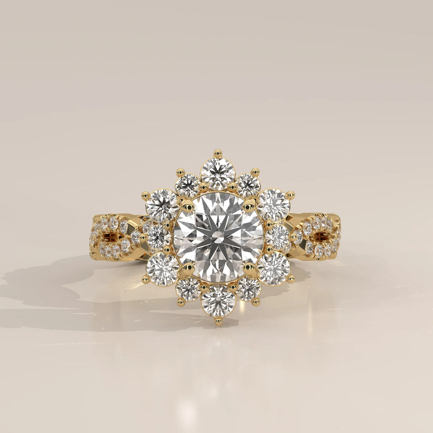 Side Profile: Round Diamond Engagement Ring with Halo Setting in Yellow Gold – Lab Grown – Driona Jewels