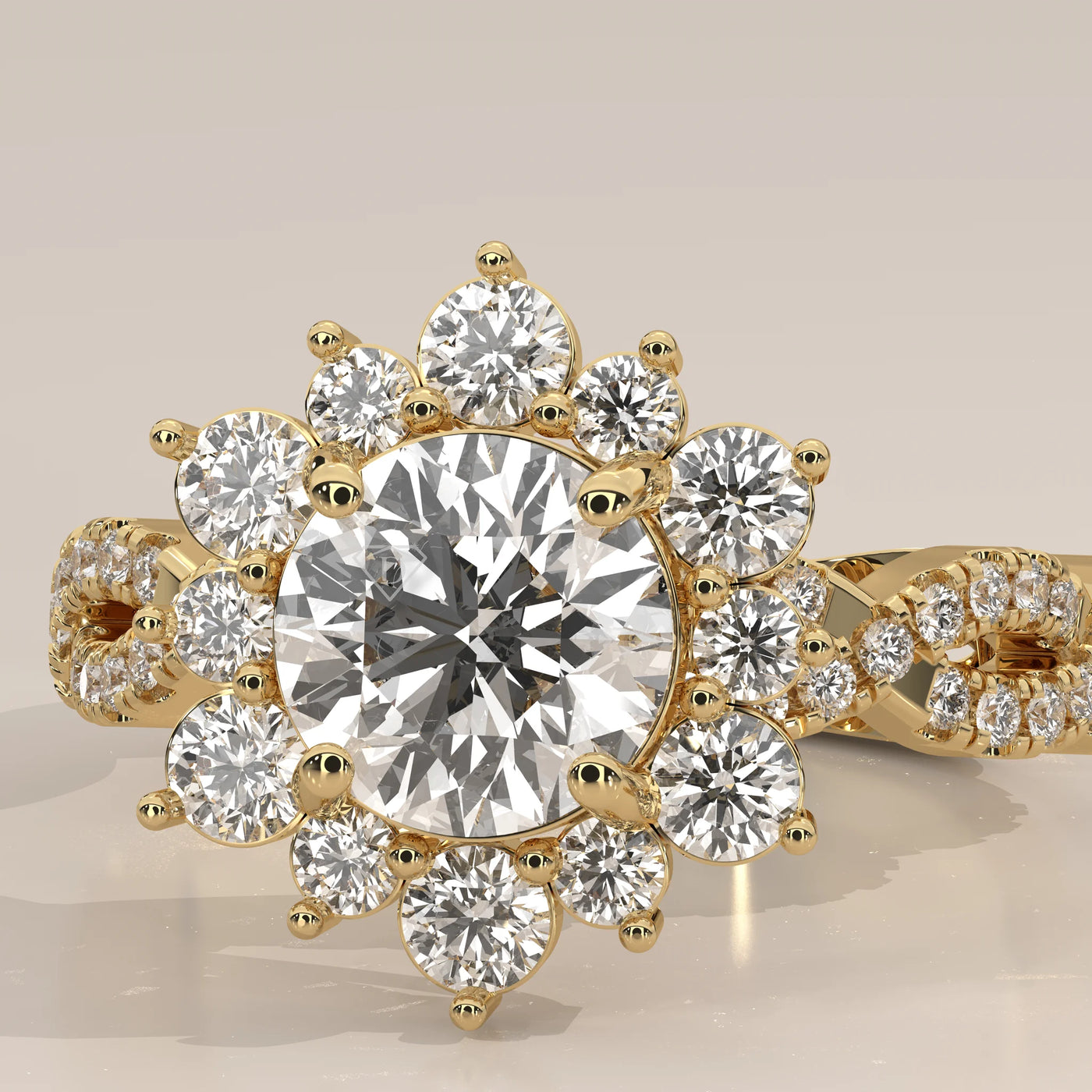 Stone Detail: Round Lab Grown Diamonds in Halo Setting – Yellow Gold – Driona Jewels
