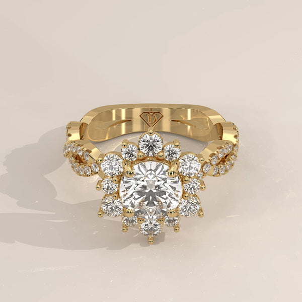 Three-Quarter View: Round Diamond Engagement Ring with Halo Setting in Yellow Gold – Lab Grown – Driona Jewels
