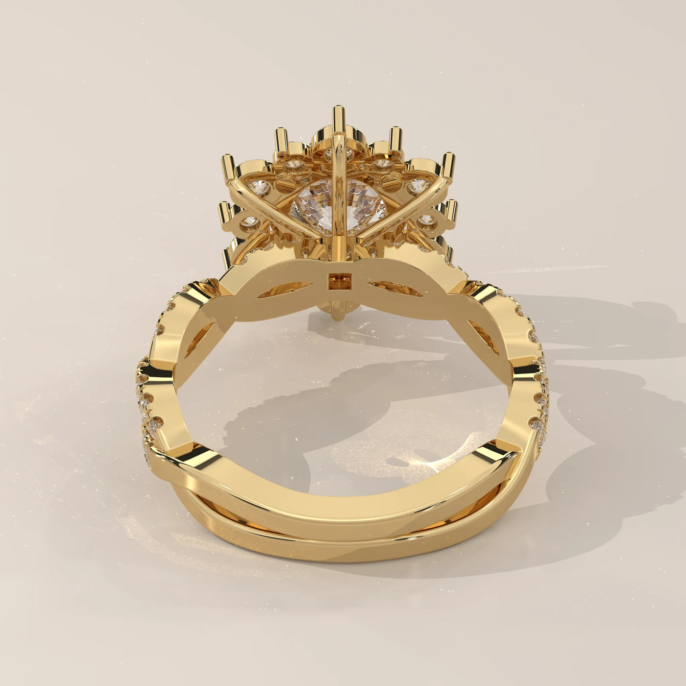 Top View: Round Diamond Engagement Ring with Halo Setting in Yellow Gold – Lab Grown – Driona Jewels