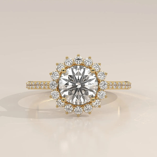 Side Profile: Round Diamond Engagement Ring with Halo Setting in Yellow Gold – Lab Grown – Driona Jewels
