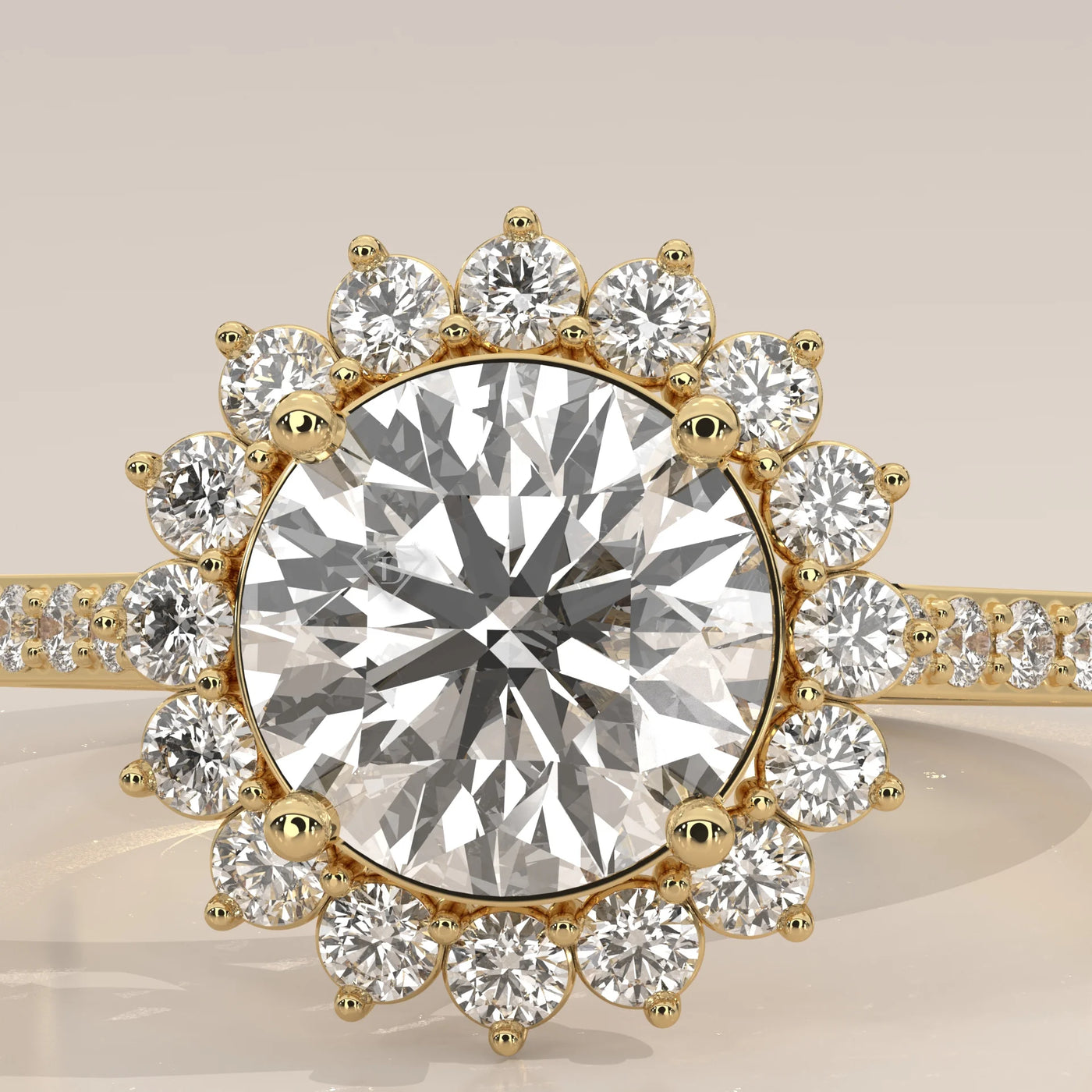 Stone Detail: Round Lab Grown Diamonds in Halo Setting – Yellow Gold – Driona Jewels