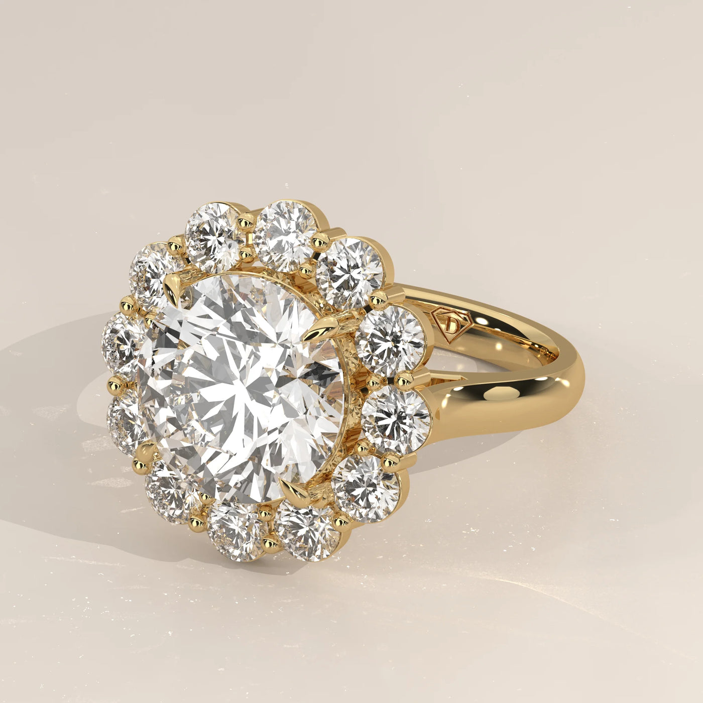 Angle View: Round Diamond Engagement Ring with Halo Setting in Yellow Gold – Lab Grown – Driona Jewels