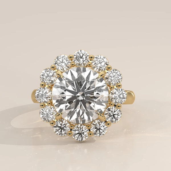 Side Profile: Round Diamond Engagement Ring with Halo Setting in Yellow Gold – Lab Grown – Driona Jewels
