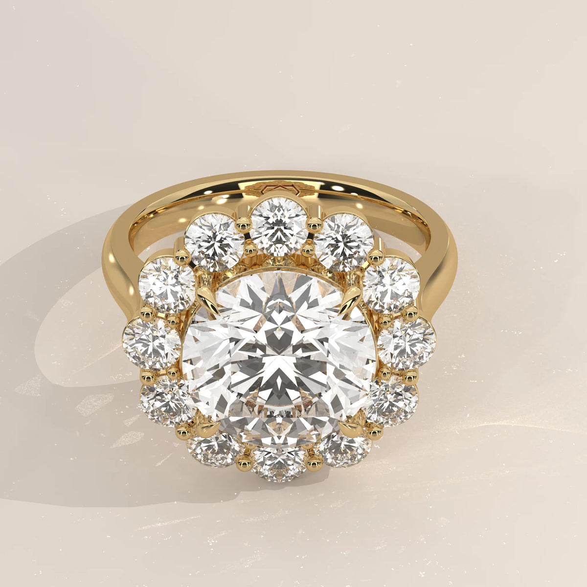 Three-Quarter View: Round Diamond Engagement Ring with Halo Setting in Yellow Gold – Lab Grown – Driona Jewels